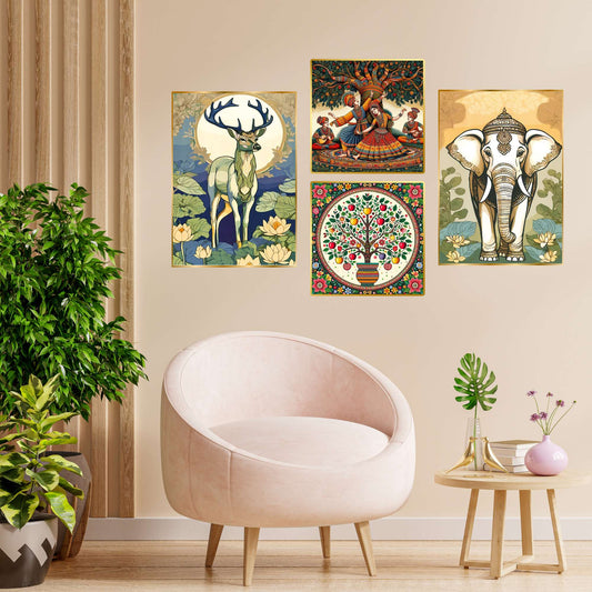 Set of Four Wall Paintings for Wall Dacoration Golden Framed Wall Paintings for Living Room & Bedroom Wall Art for Home Decoration & Office Wall DÃ©cor (13x10 inch CH-GD4-14)