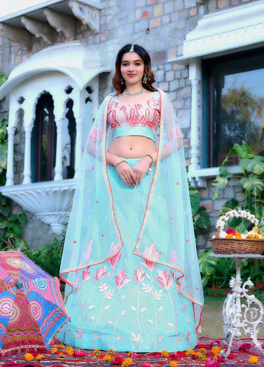 Women's  Tussar Silk Patola Printed Lehenga Set with Dupatta ? Stitched with Can Can Flair - Sky Blue