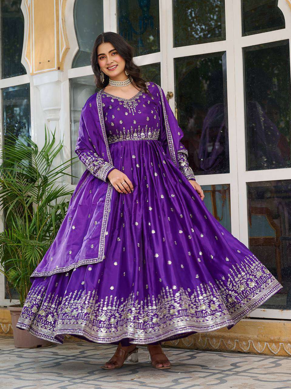 Women's American Silk Sequence Embroidery Long Anarkali Kurti (Gown) With Dupatta - Purple, M
