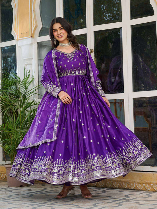Women's American Silk Sequence Embroidery Long Anarkali Kurti (Gown) With Dupatta - Purple, M