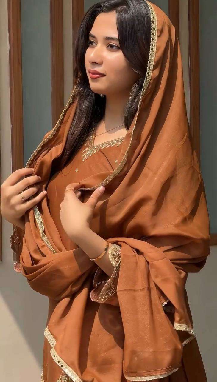 Women's Georgette Sequence Moti Work Straight Kurti With Salwar and Dupatta Set - brown, XXL