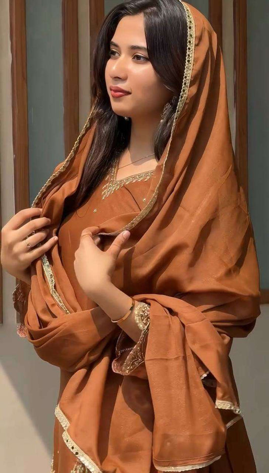 Women's Georgette Sequence Moti Work Straight Kurti With Salwar and Dupatta Set - brown, L