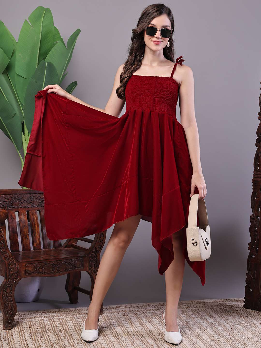 Women's Junglee Velvet Maroon Handkerchief Hem Dress - M