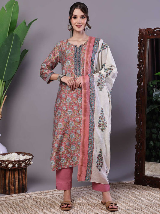 Women's Pink Floral Chanderi Printed Kurta Set with Dupatta Suit Sets - XXL