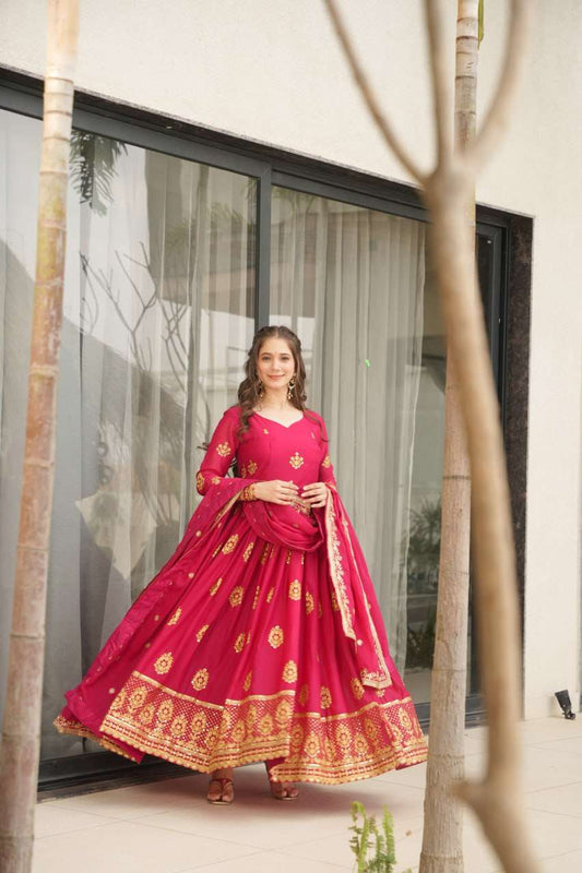 Womenâs Ethnic Anarkali Style Floor-Length Gown in Magenta with Golden Zari Embroidery â Festive & Wedding Wear - Dark Pink, L (40)