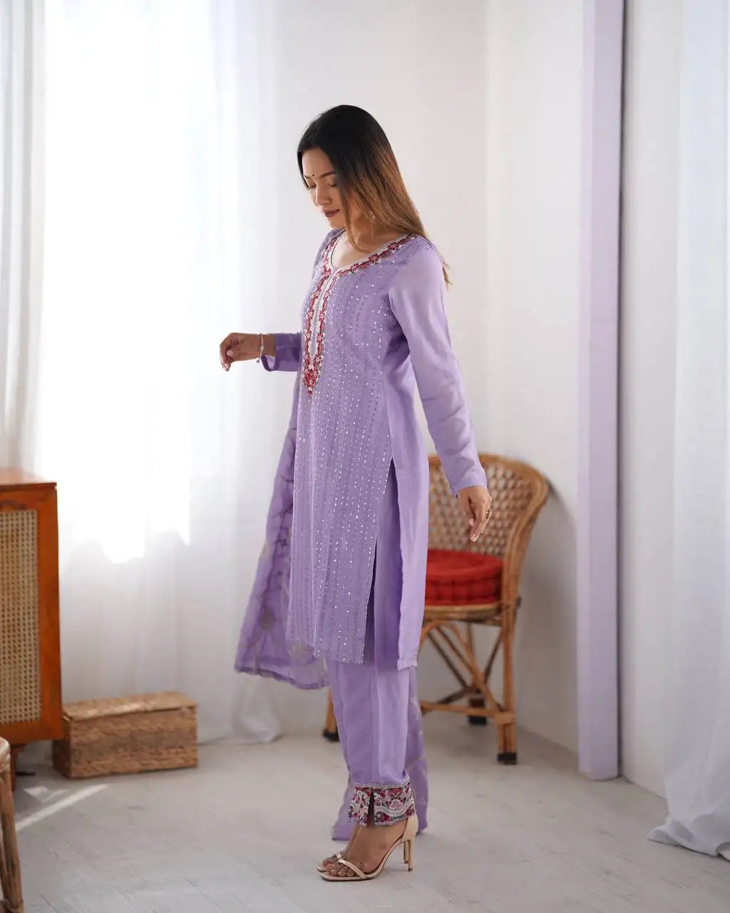 Women's Chinon Silk Sequence And Thread Work Straight Kurti With Pant and Dupatta Set - Purple, L