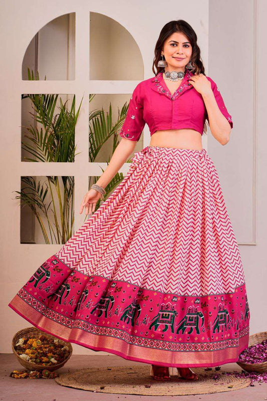 Women's Tussar Silk Patola Print Lehenga Choli Set with Foil Work - Pink