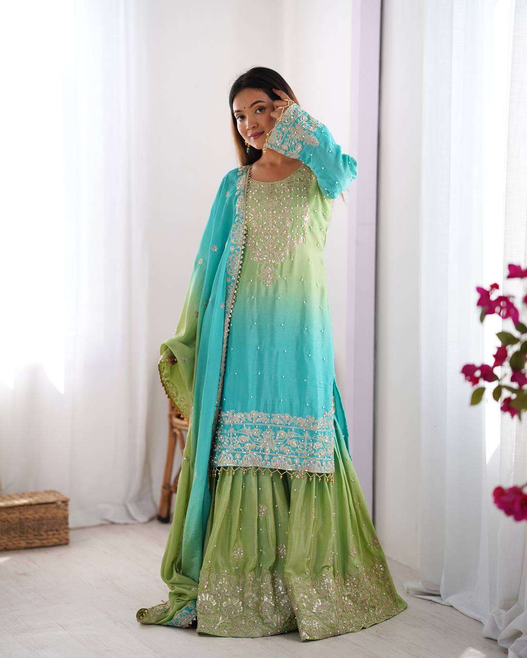 Women's Chinon Silk Sequence With Rivet Moti Work Straight Kurta With Sharara and Dupatta Set - Green, M