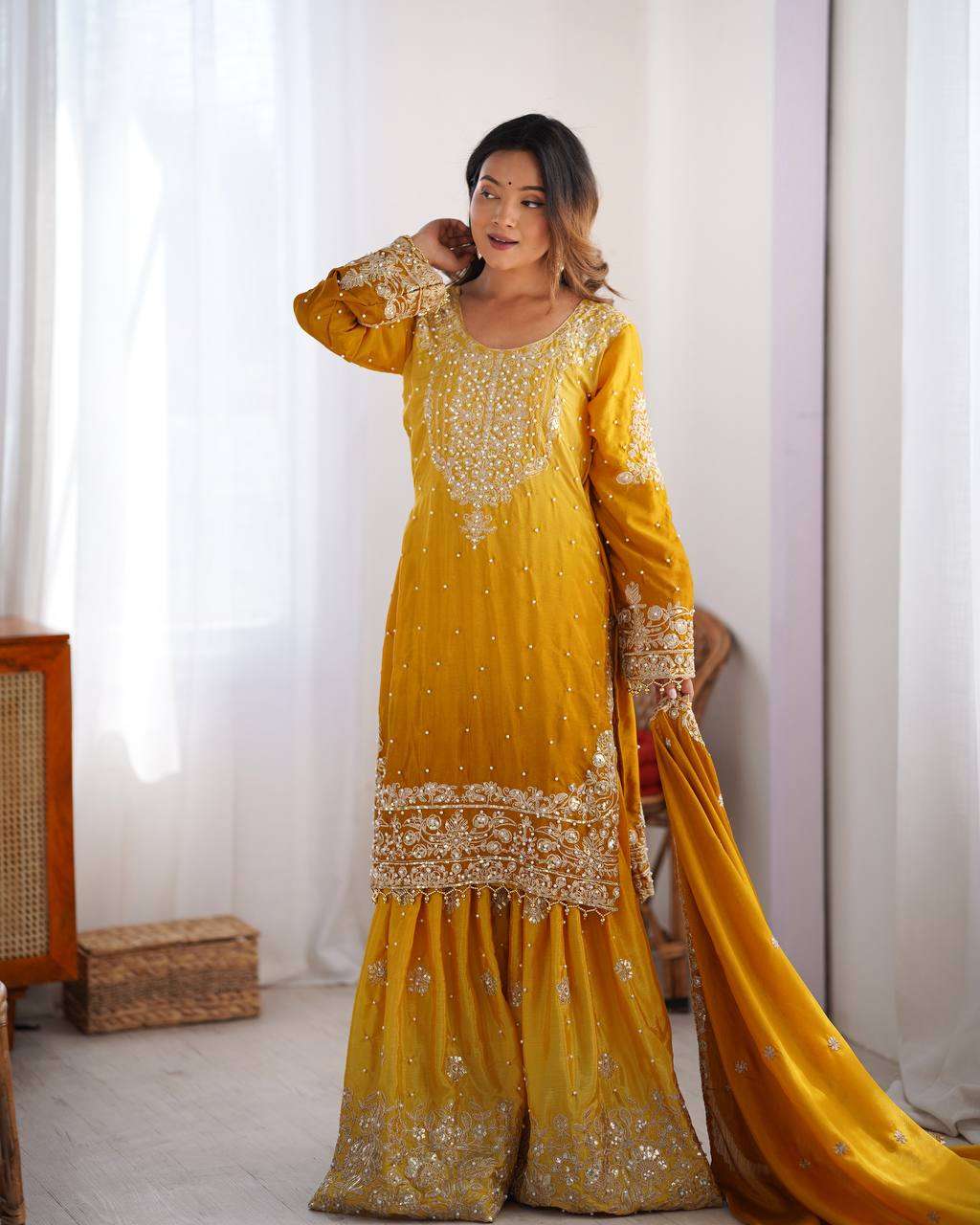 Women's Chinon Silk Sequence With Rivet Moti Work Straight Kurta With Sharara and Dupatta Set - Yellow, L