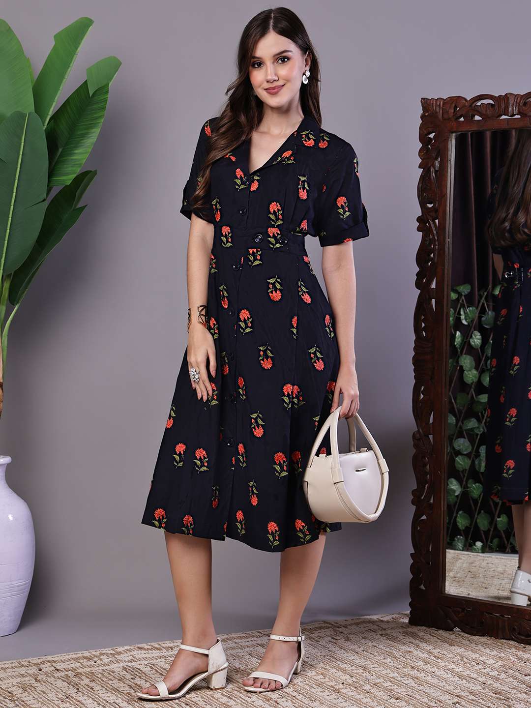 Women's Elegant Indigo & Orange Floral Block Print Cotton Shirt Dress - M