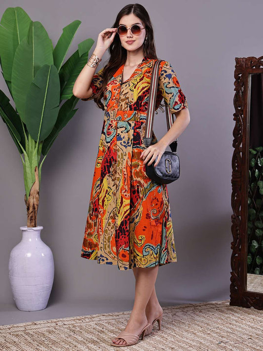 Women's Bohemian Chic Multi-Color Paisley Print Cotton Collared Midi Dress - XL