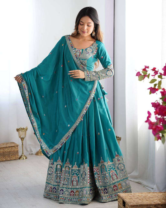 Women's Crepe Silk Sequence Embroidery and Zari Work Rajsthani Lehenga Choli with Dupatta - Aqua Blue, L