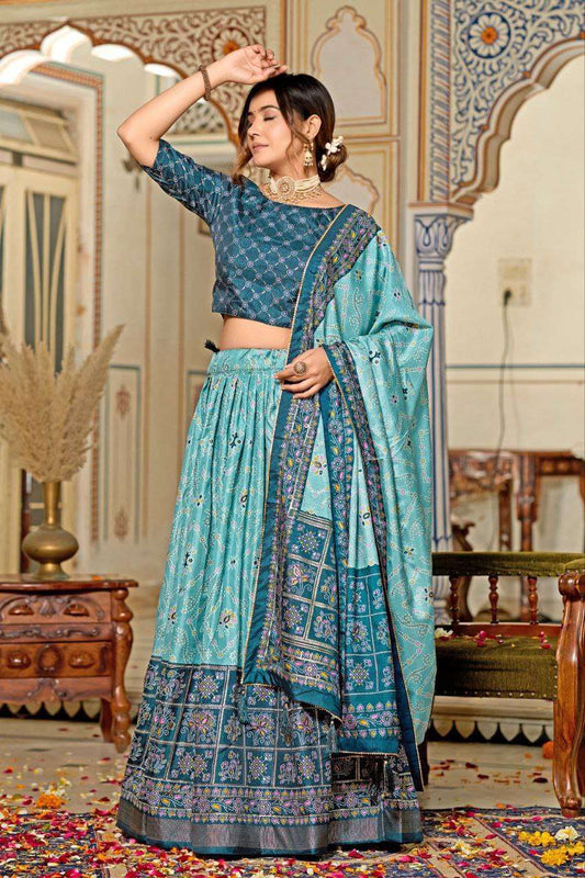 Women's Tussar Silk Patola Print Lehenga Choli Dupatta Set - Blue