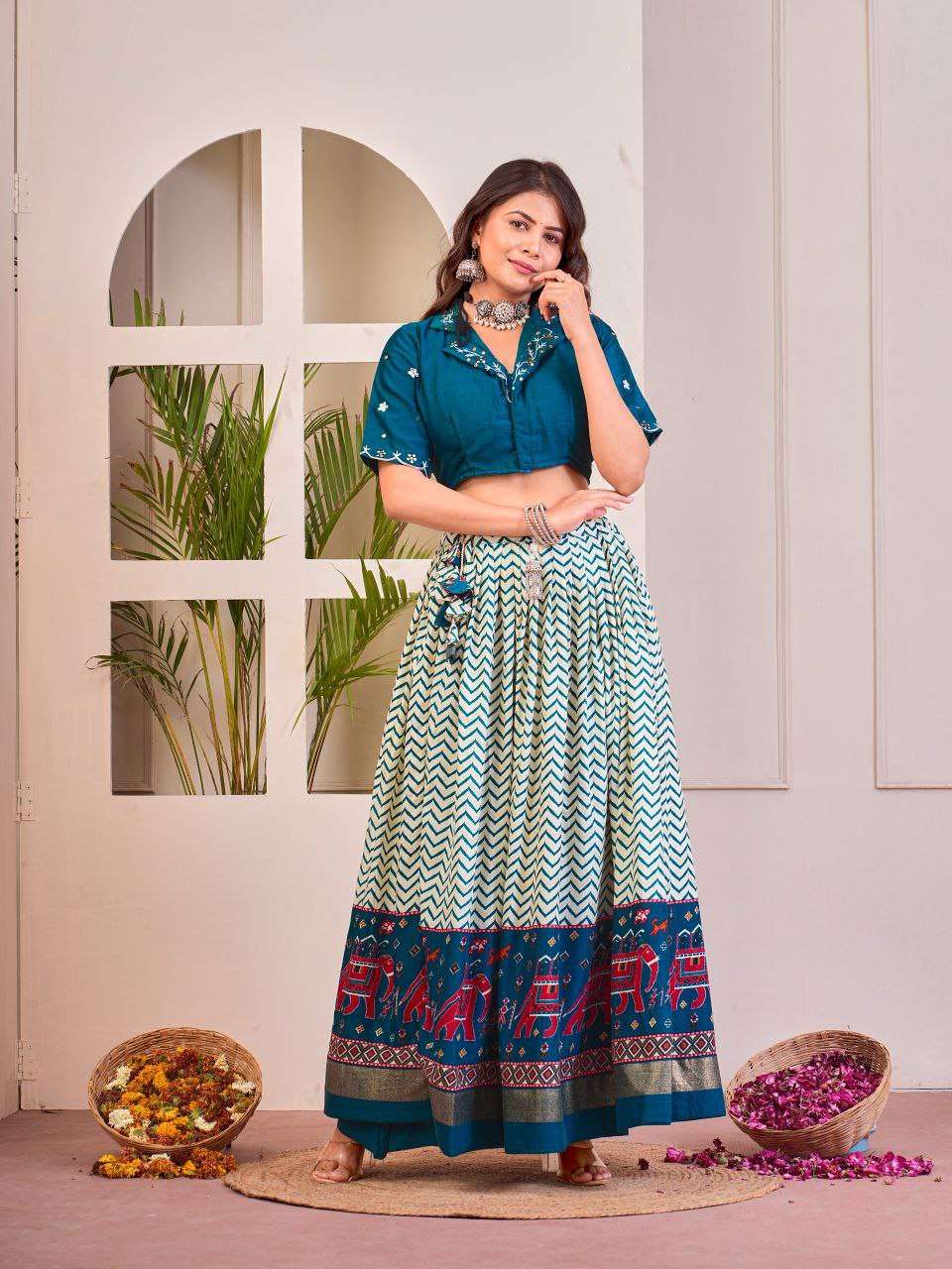 Women's Tussar Silk Patola Print Lehenga Choli Set with Foil Work - Teal Blue