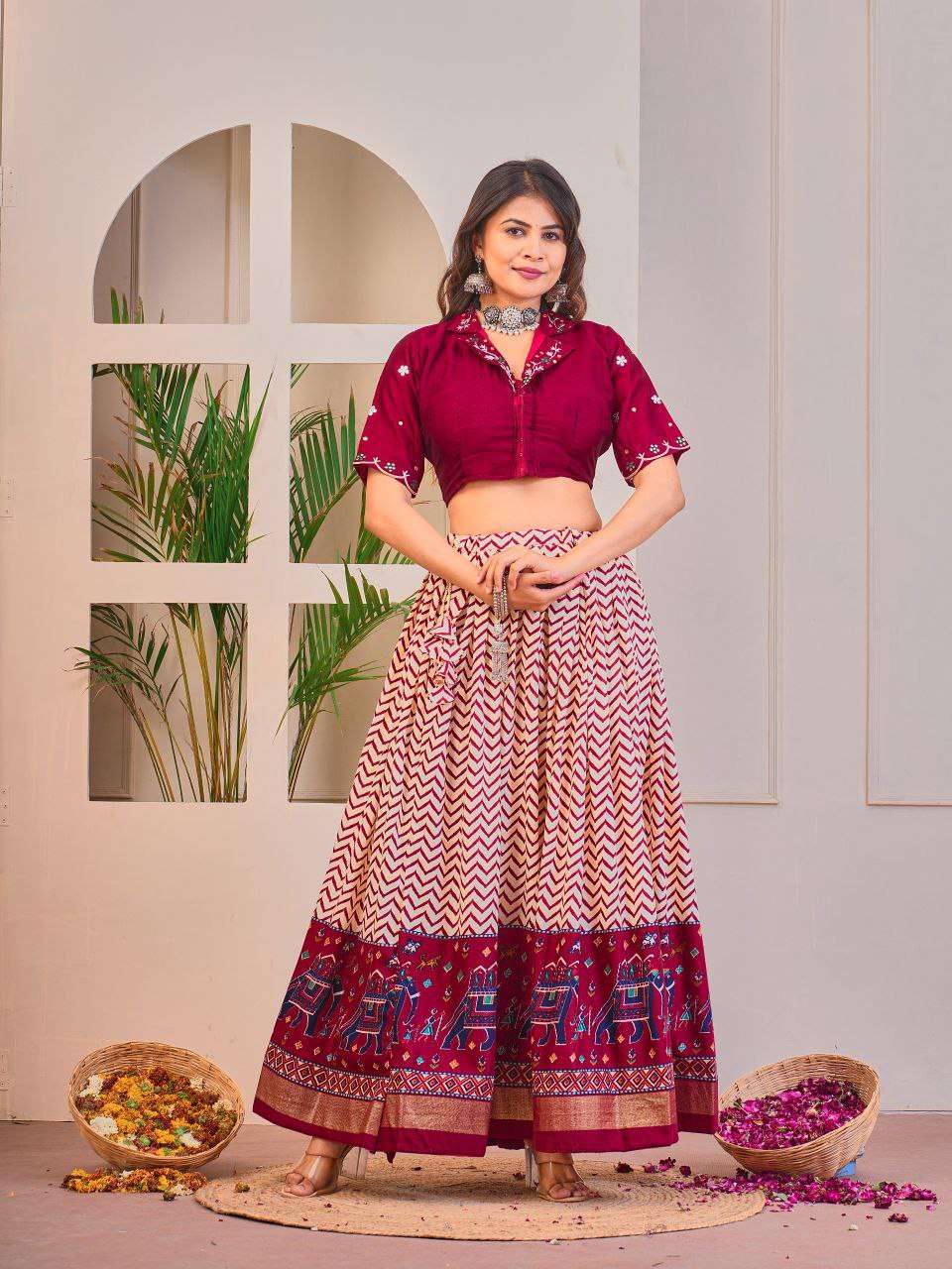 Women's Tussar Silk Patola Print Lehenga Choli Set with Foil Work - Maroon