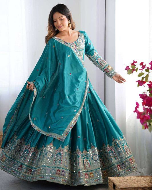 Women's Crepe Silk Sequence Embroidery and Zari Work Rajsthani Lehenga Choli with Dupatta - Aqua Blue, M