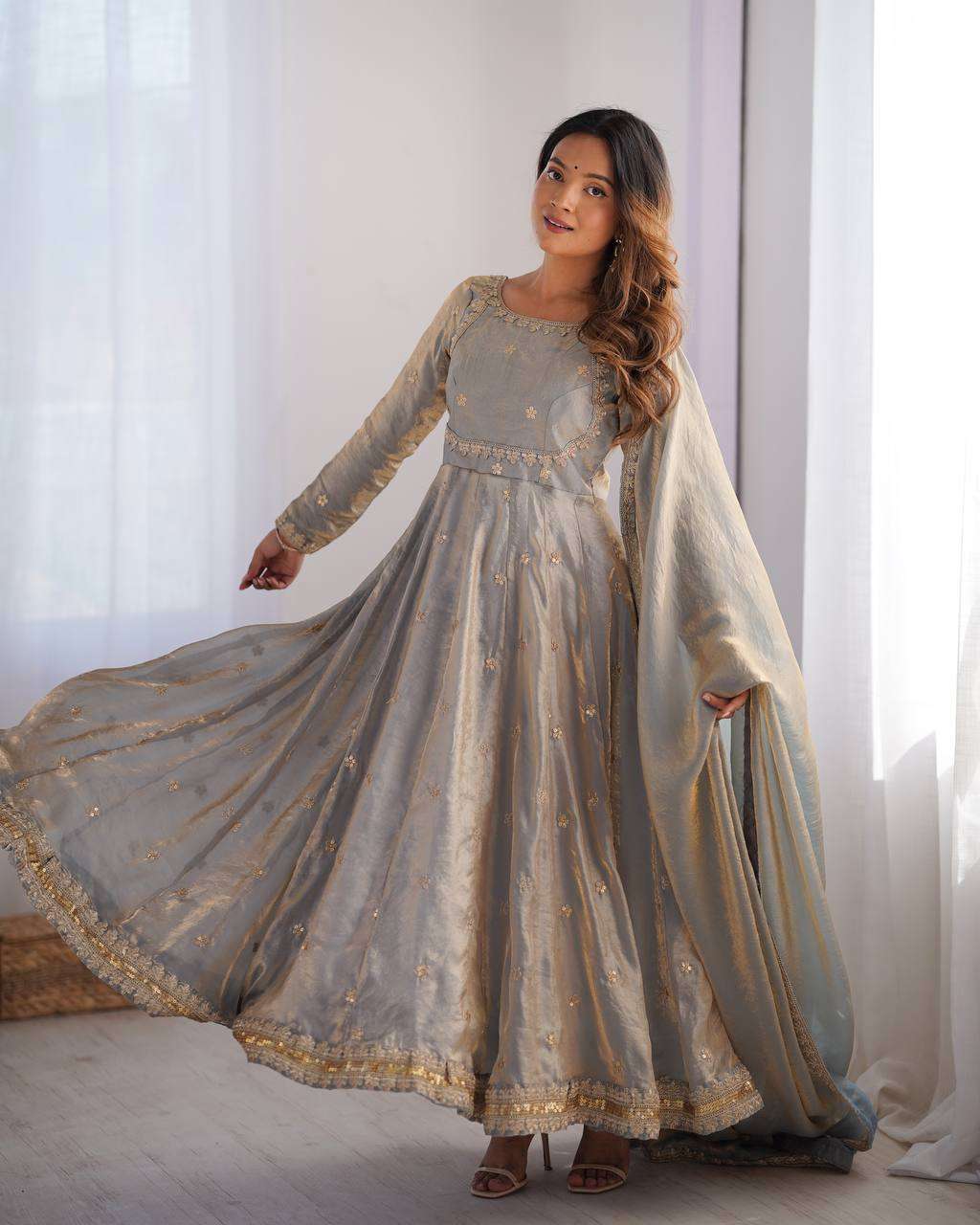 Women's Fandy Silk Coding with Sequnce work Long Anarkali Kurti Gown With Dupatta - Grey, M