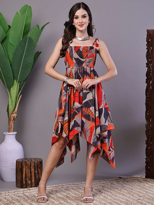 Women's Rust & Grey Abstract Print Cotton Handkerchief Hem Dress Midi Dresses - XL