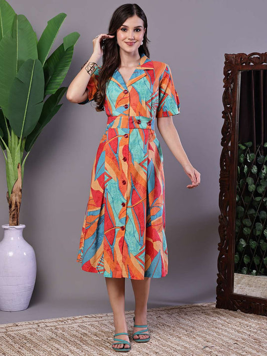 Women's Tropical Print Button-Down Cotton Midi Dress - M