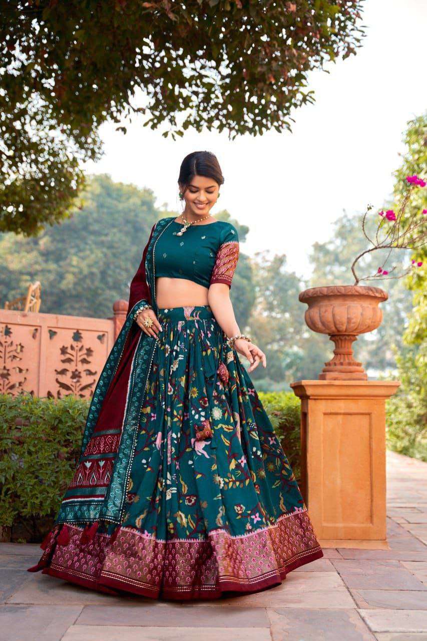 Women's Ethnic Printed Lehenga Choli Set with Tassel Dupatta ? Perfect for Festivals & Functions - Teal Blue