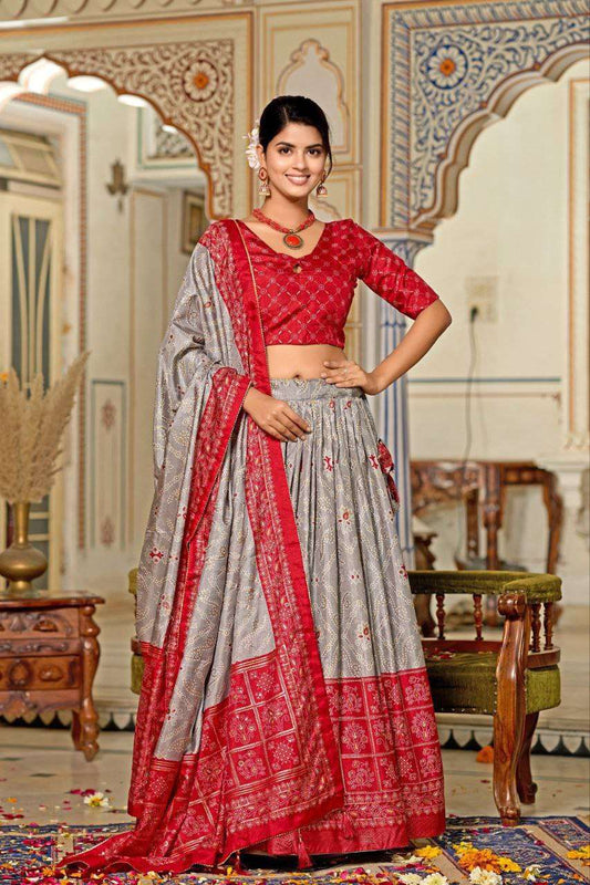 Women's Tussar Silk Patola Print Lehenga Choli Dupatta Set - Red Grey