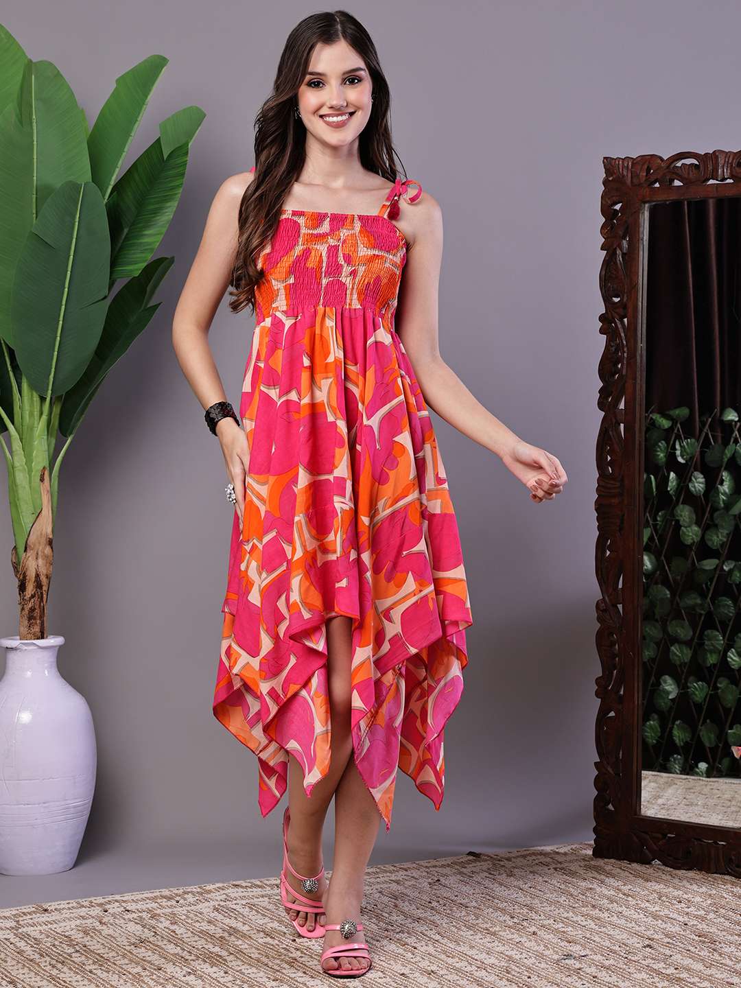 Women's Orange & Pink Printed Cotton Handkerchief Hem Dress Midi Dresses - XL