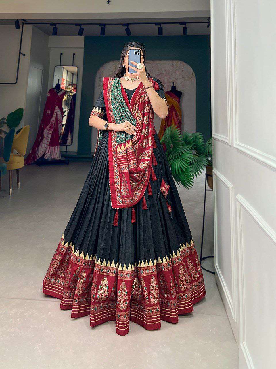 Women's Stitched Ethnic Lehenga Choli with Zari Border and Contrast Dupatta - Black
